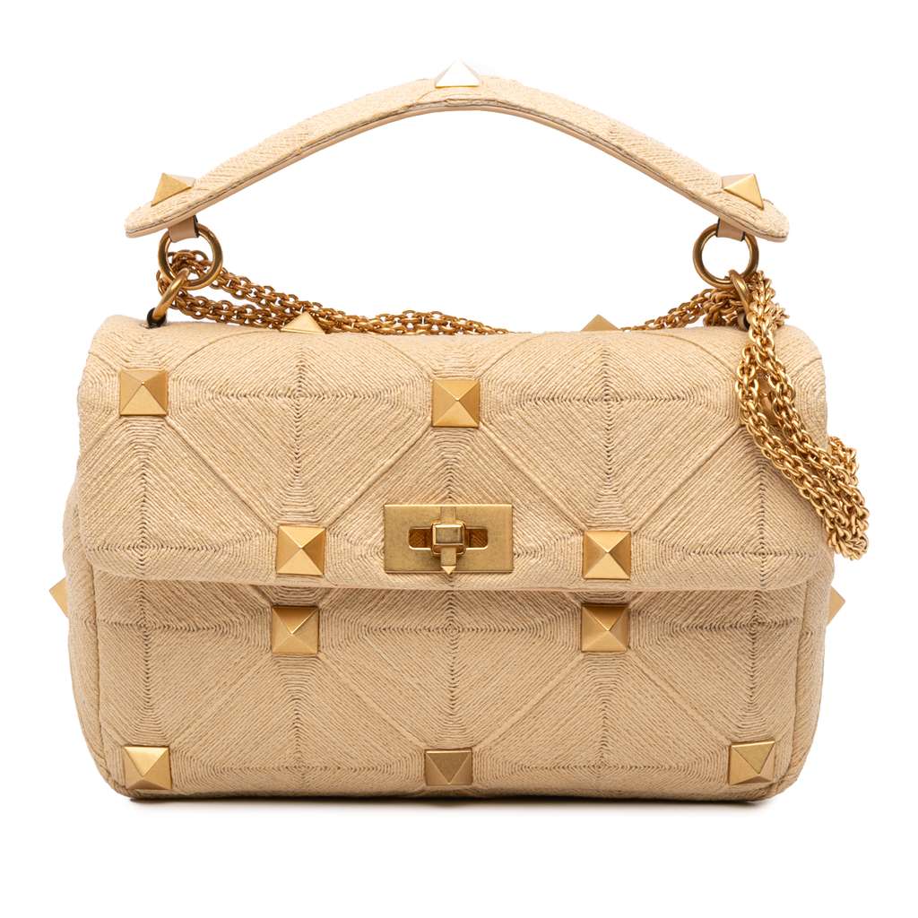 Valentino Large Raffia Roman Stud Satchel Brown Very good condition - Front View