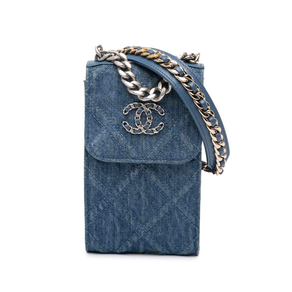 Chanel Denim 19 Phone Holder with Chain Blue Denim Good - Front View
