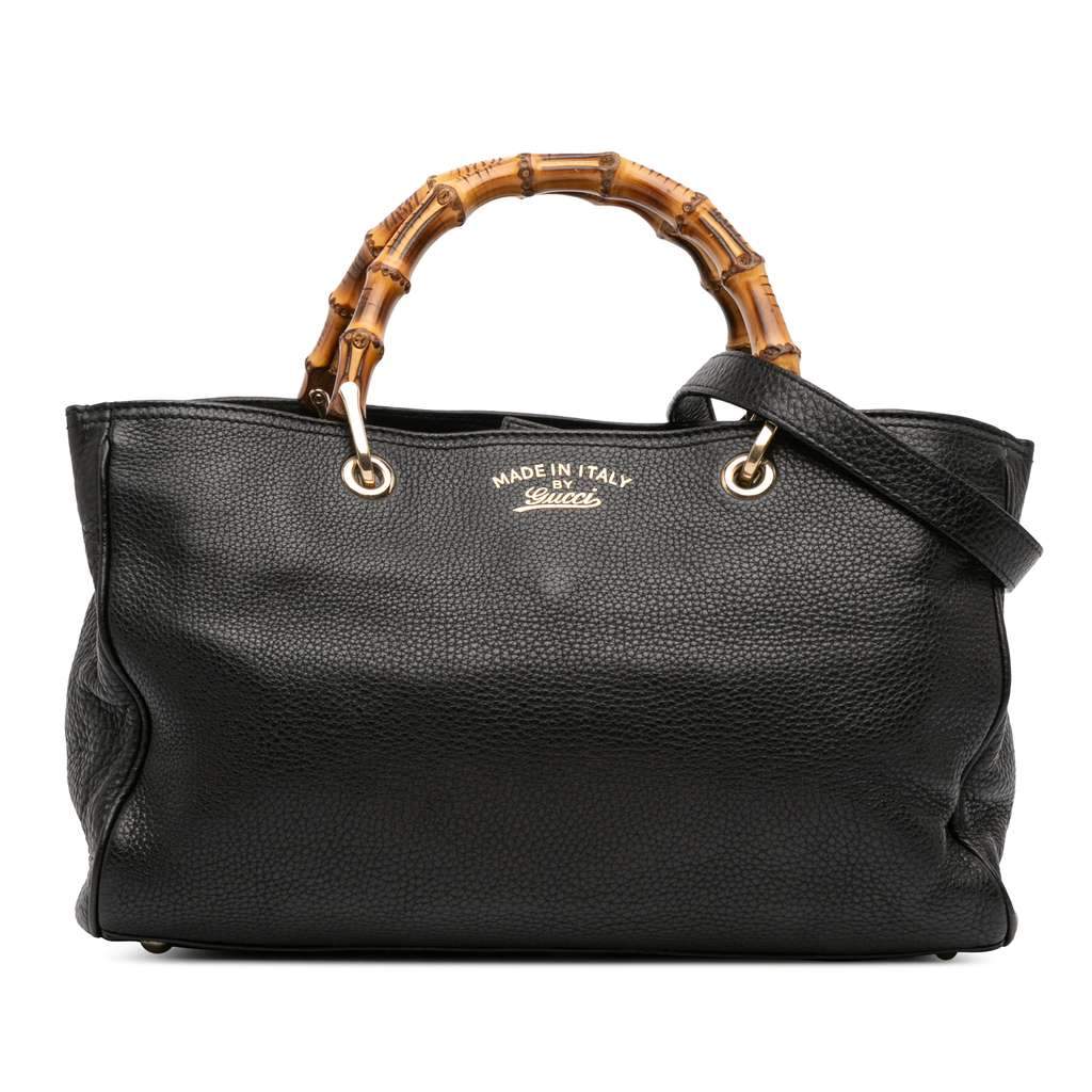 Gucci Medium Calfskin Bamboo Shopper Satchel Black Leather Good - Front View
