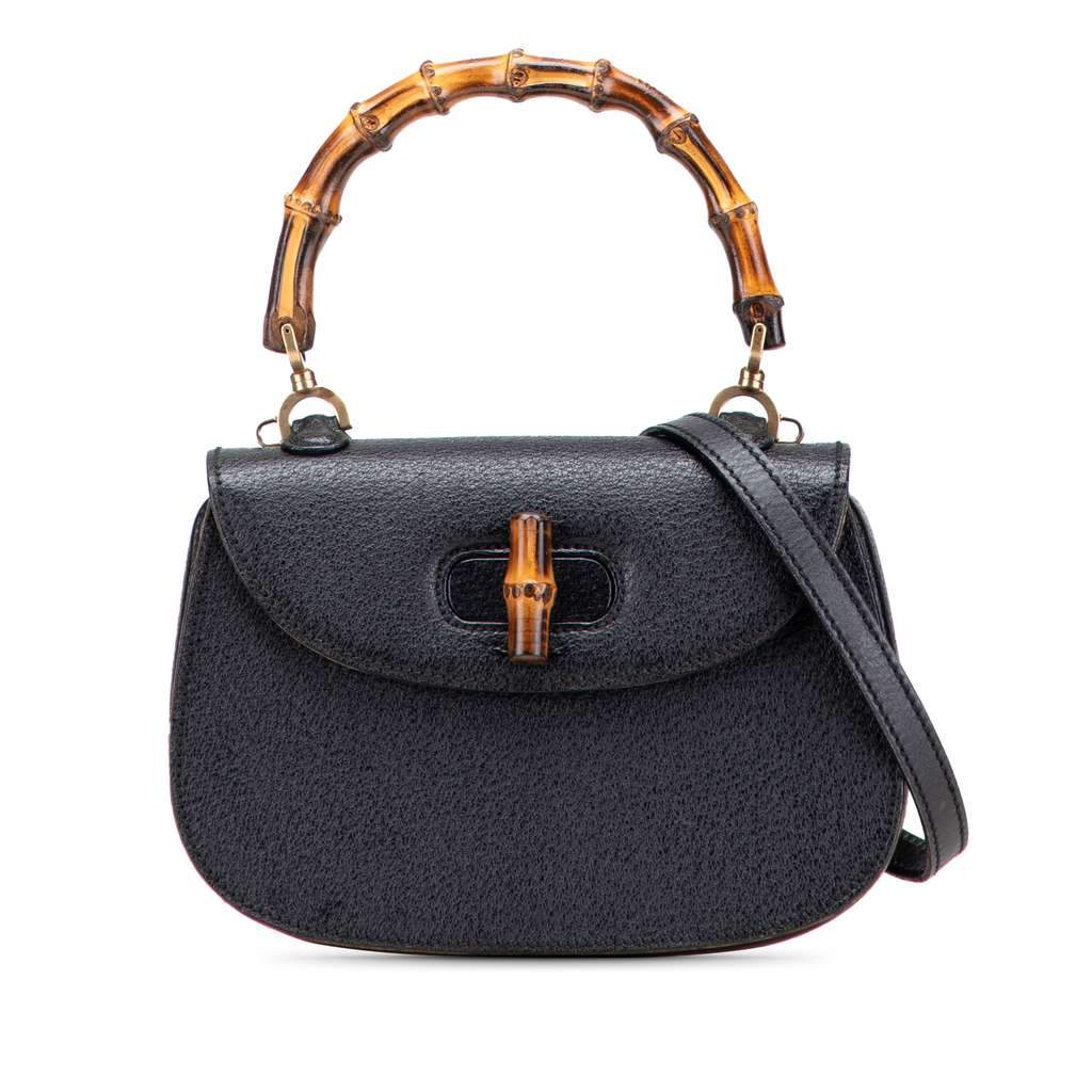 Gucci Calfskin Bamboo Night Black Leather Good - Front View