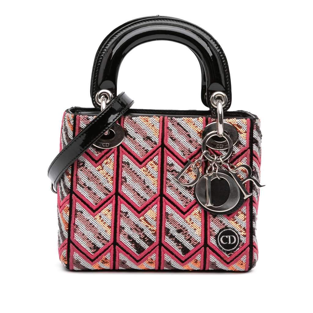 Dior Mini Patent Sequined Lady Dior Pink Leather Very good - Front View