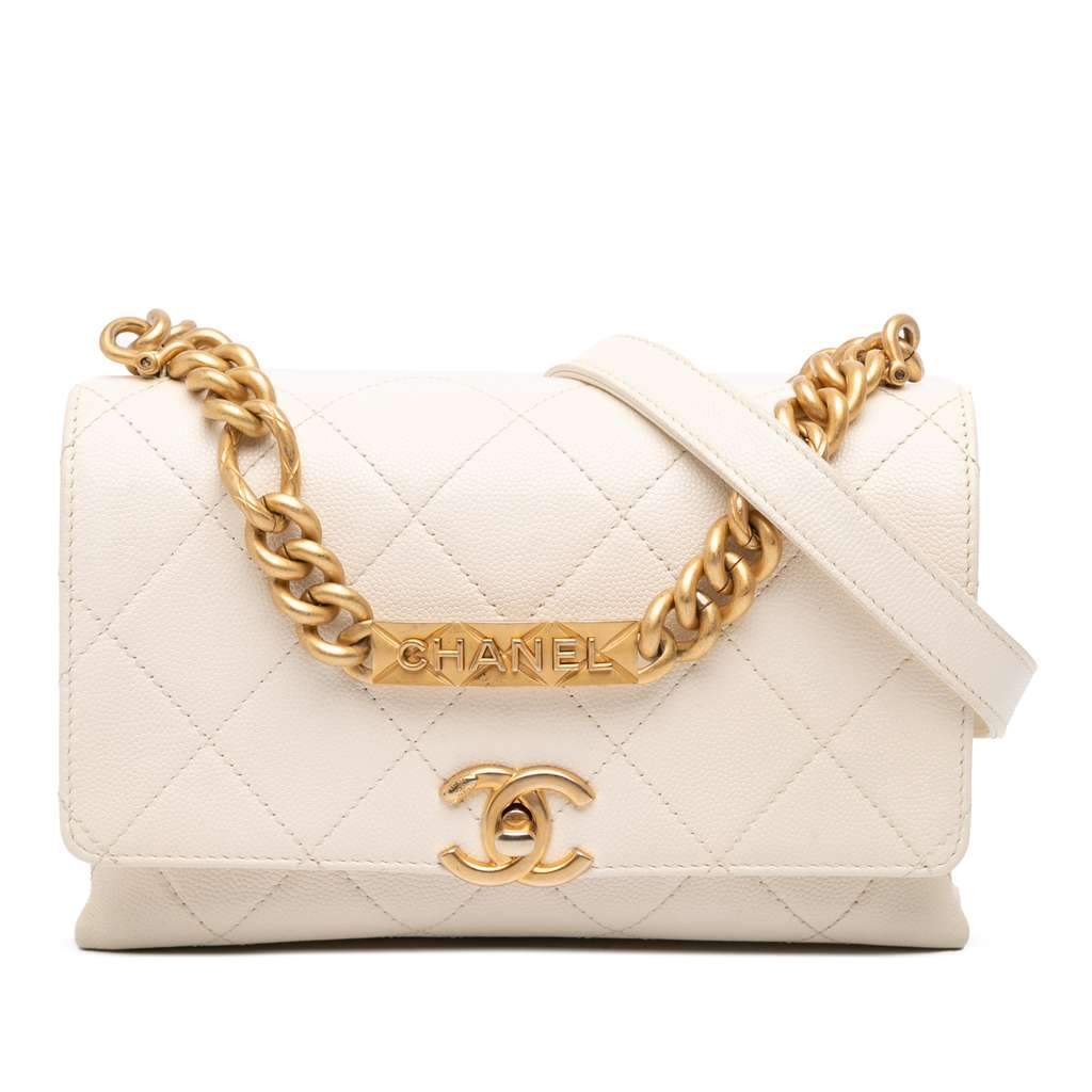 Chanel Mini Quilted Caviar Bracelet On Chain Flap White Leather Fair condition - Front View