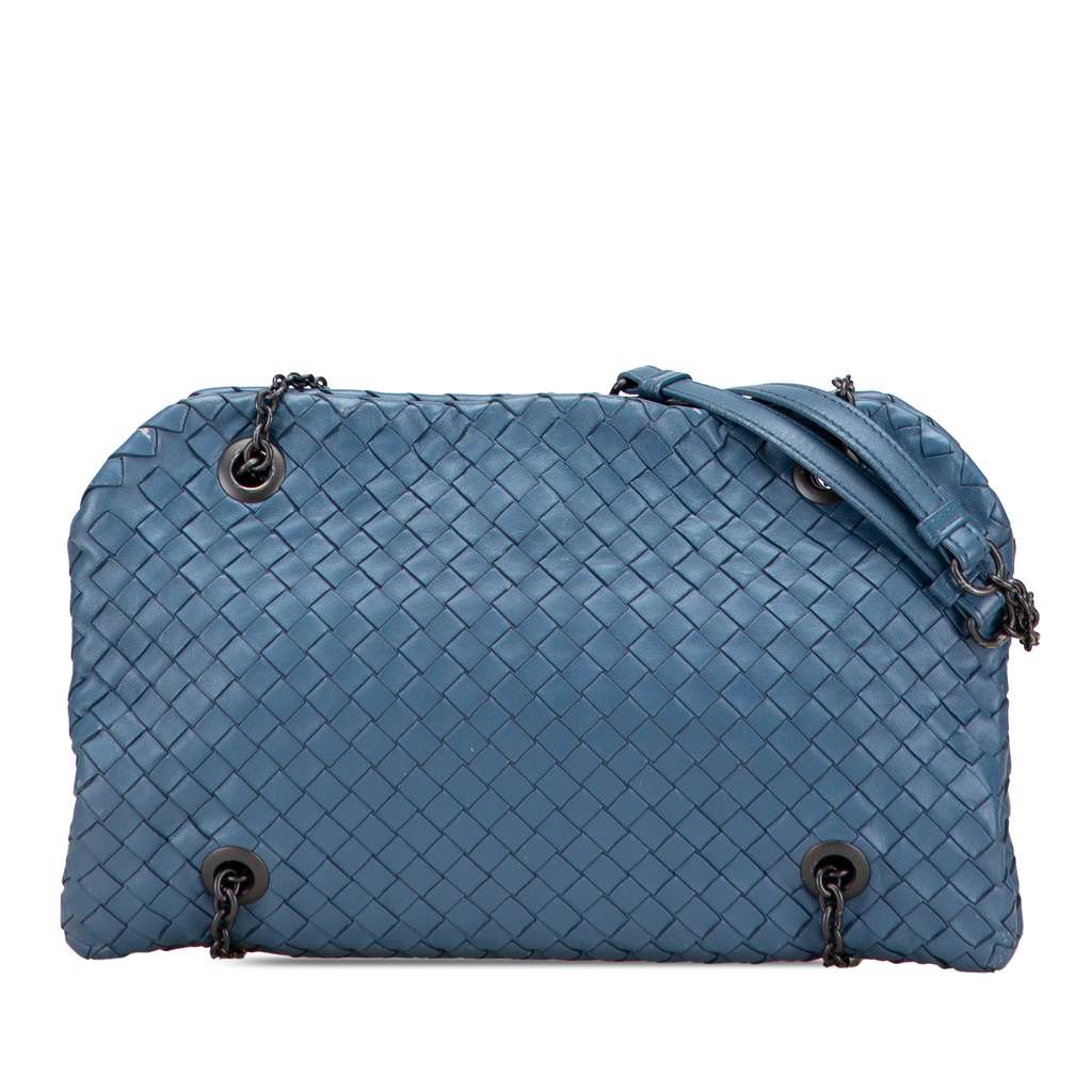 Bottega Veneta Nappa Intrecciato Duo Shoulder Bag Blue Leather Good - Front View