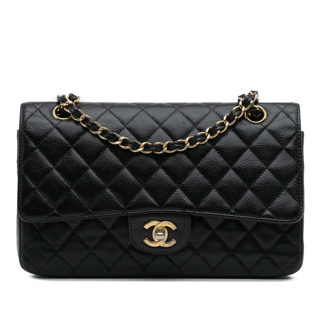 Chanel Medium Classic Caviar Double Flap Black Leather Good - Front View