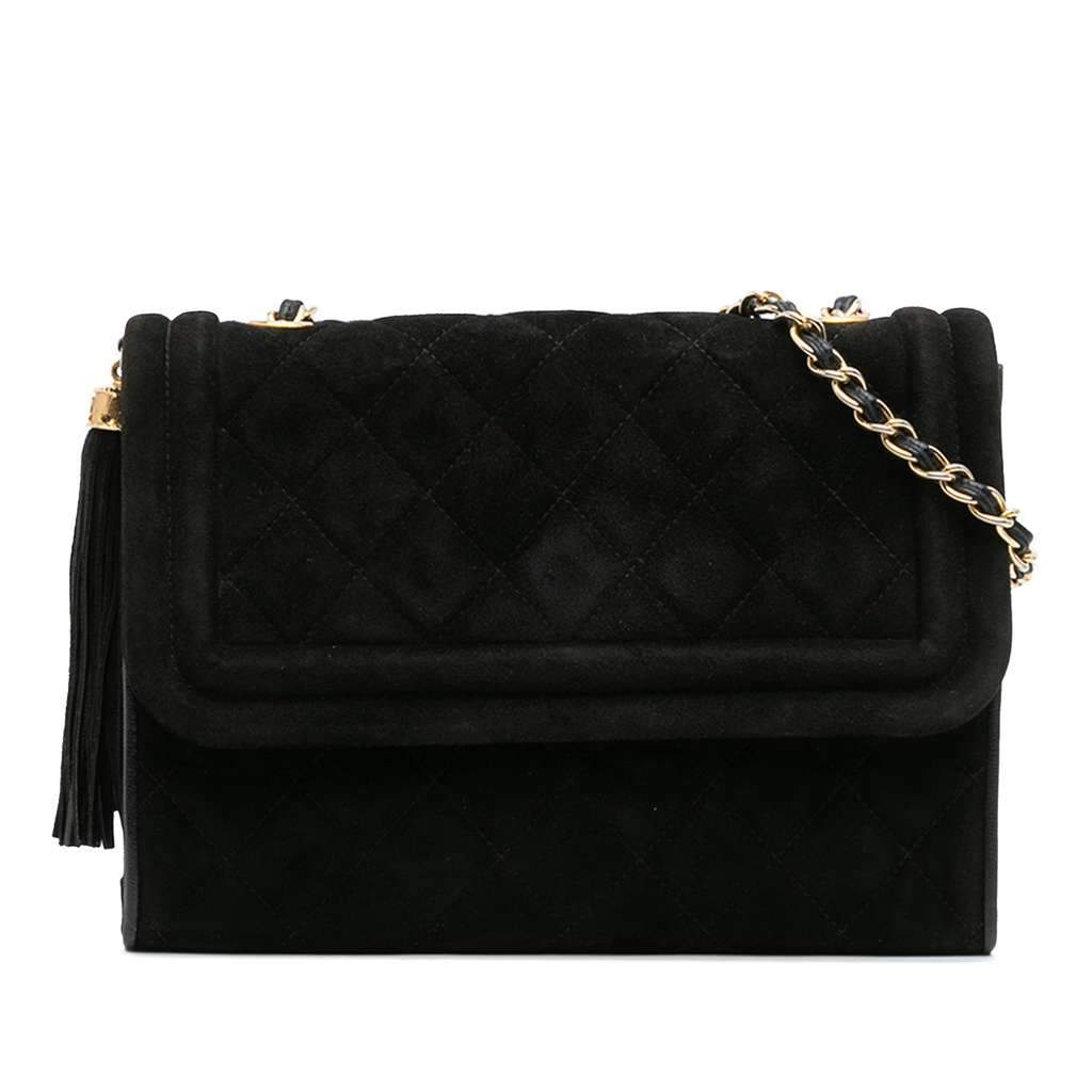 Chanel Quilted Suede Tassel Flap Black Leather Very good - Front View