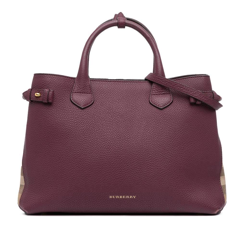 Burberry Medium Leather and House Check Banner Satchel Purple Leather Good - Front View