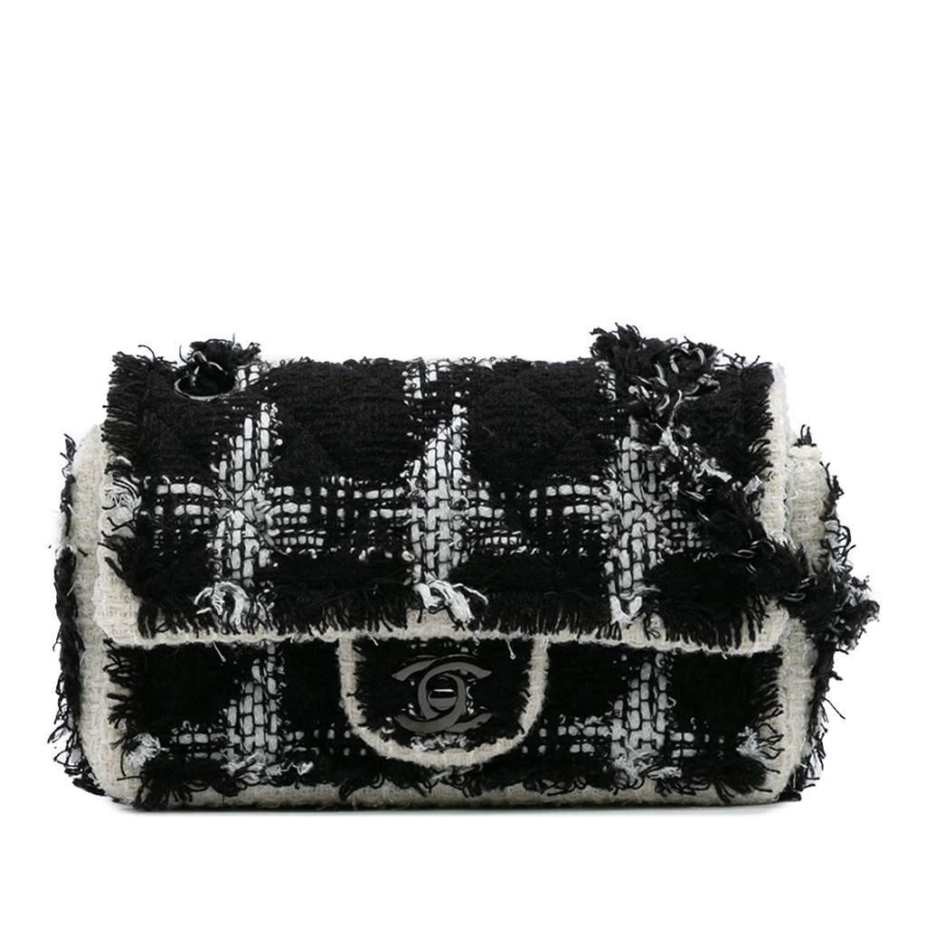 Chanel Mini Rectangular Classic Tweed Tartan Single Flap Black Tweed Good - Front View
