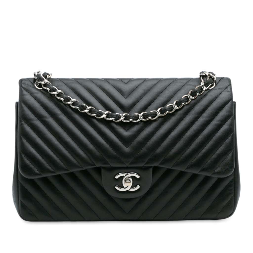 Chanel Jumbo Classic Chevron Lambskin Double Flap Black Leather Good condition - Front View