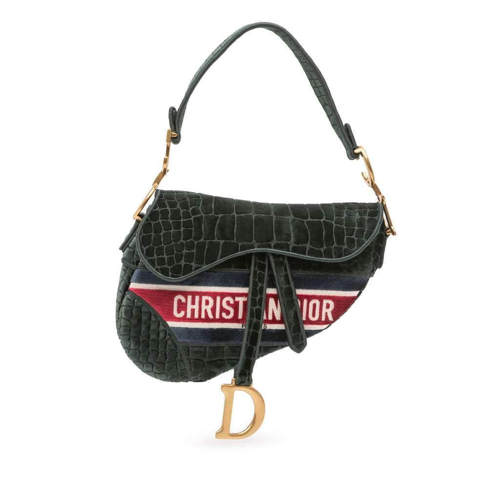 Dior Velvet Embroidered Crocodile Effect Saddle Bag Green Velvet Very good - Front View