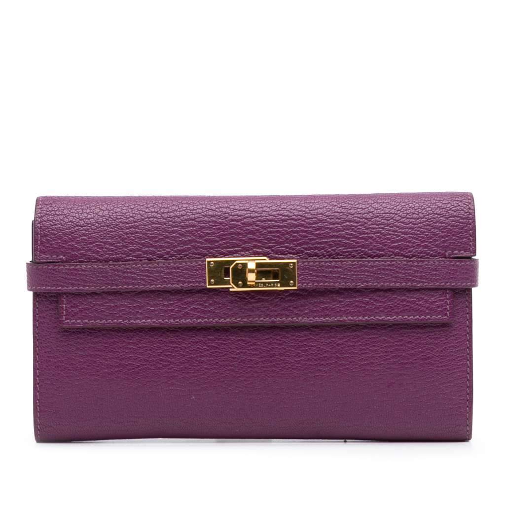 Hermès Chevre Mysore Leather Kelly Long Wallet Purple Leather Good condition - Front View