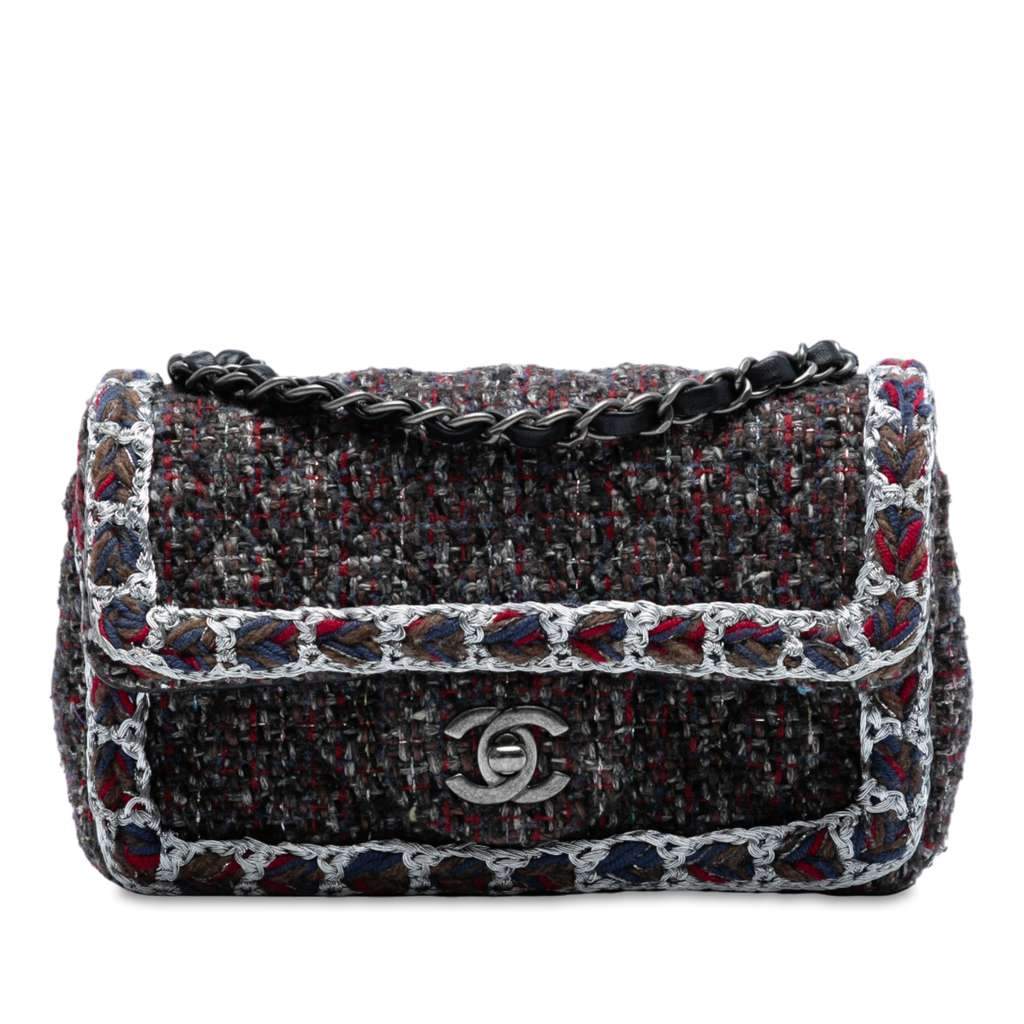 Chanel Mini Rectangular Classic Braided Tweed Single Flap Black Tweed Very good - Front View