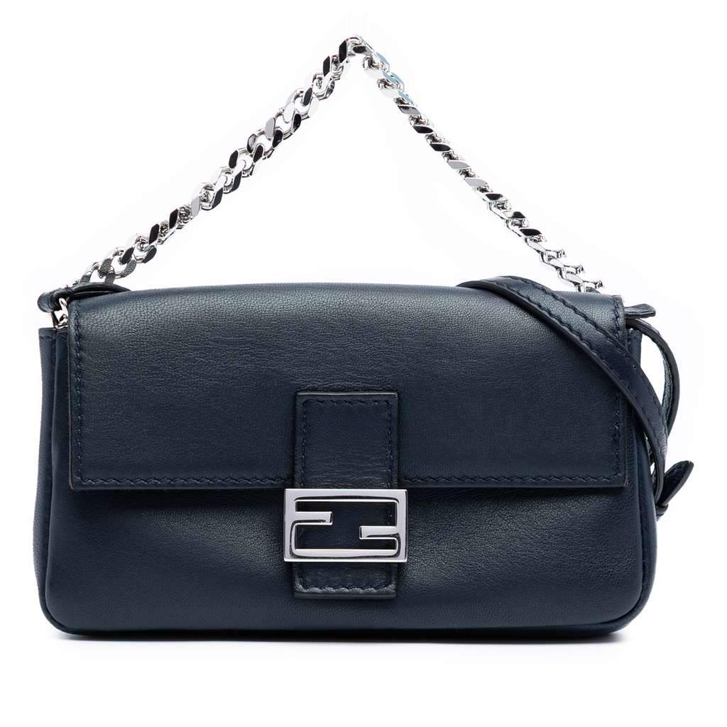 Fendi Micro Leather Baguette Satchel Blue Leather Good - Front View