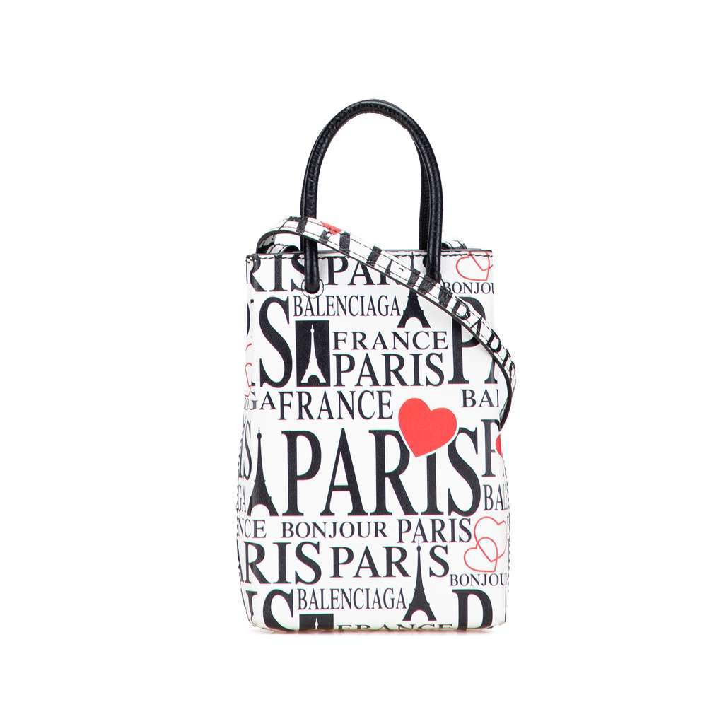 Balenciaga Mini Calfskin Bonjour Paris Shopping Phone Holder White Leather Very good - Front View