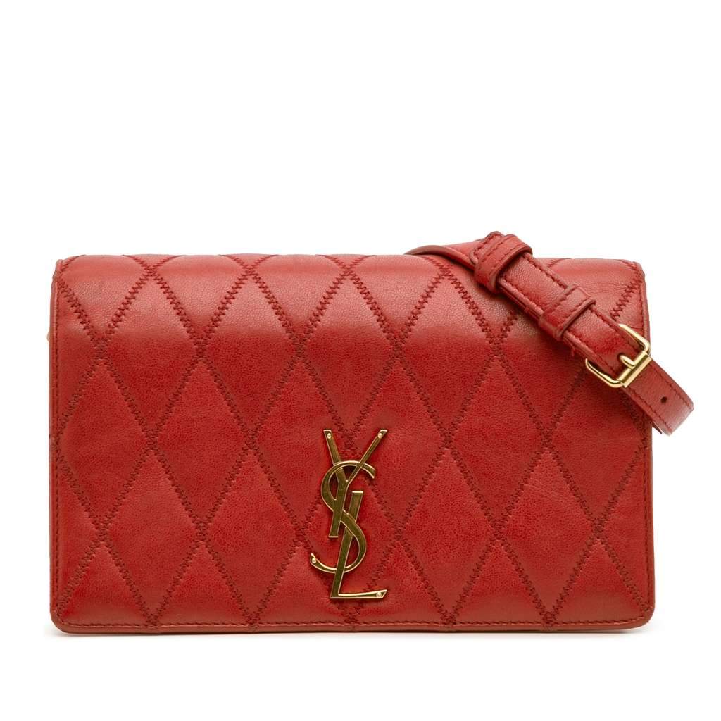 Saint Laurent Diamond Quilted Lambskin Angie Chain Bag Red Leather Very good - Front View