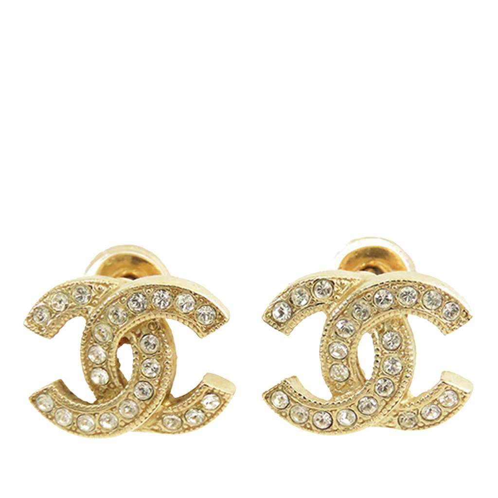 Chanel Gold Plated CC Crystal Push Back Earrings Gold Metal Good - Front View
