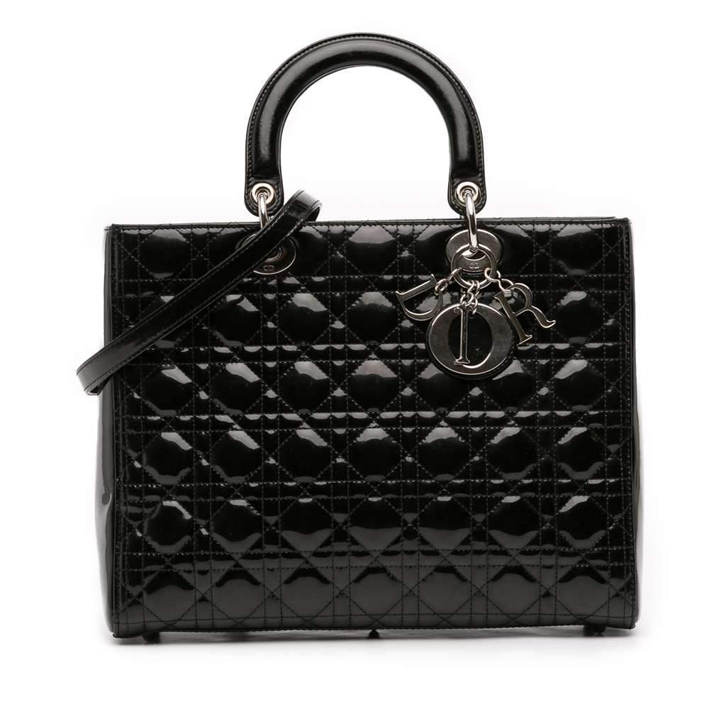 Dior Large Patent Cannage Lady Dior Black Leather Good - Front View