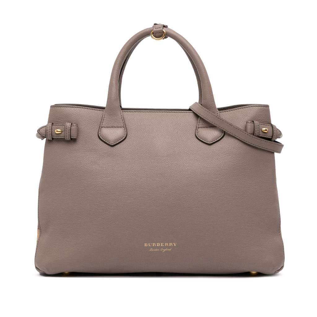 Burberry Medium Leather and House Check Banner Satchel Brown Leather Fair - Front View