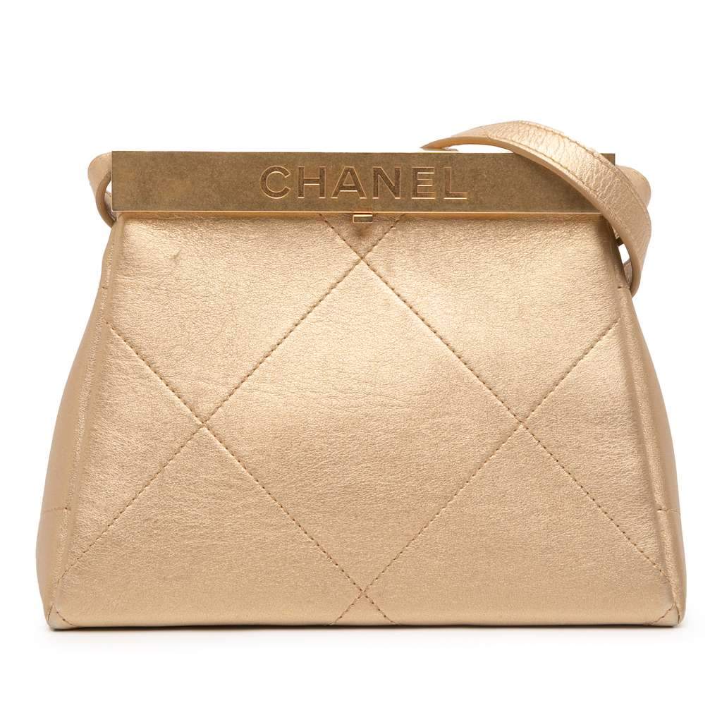 Chanel Small Calfskin Kiss Lock Frame Bag Gold Leather Good - Front View