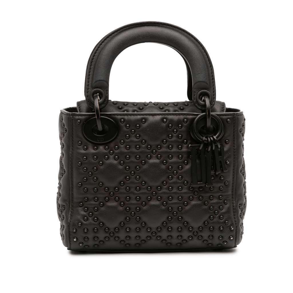 Dior Mini Ultra Matte Calfskin Cannage Studded Supple Lady Dior Black Leather Good - Front View