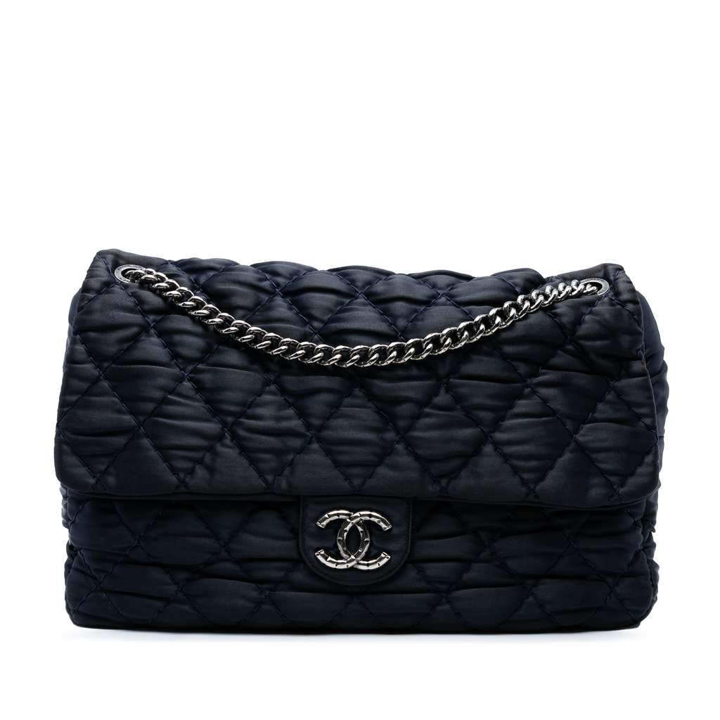 Chanel Extra Large CC Quilted Satin Single Flap Blue Satin Very good condition - Front View