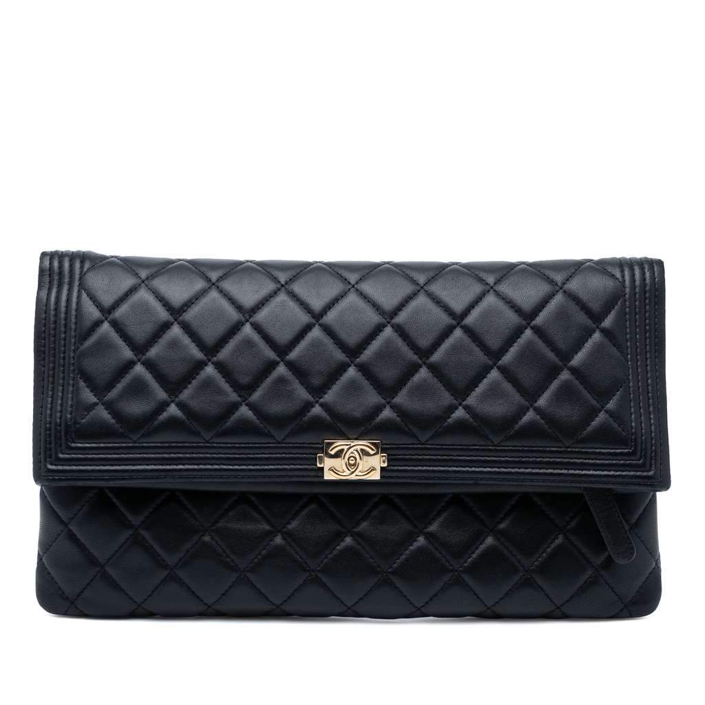 Chanel Quilted Lambskin Boy Foldover Clutch Black Leather Good - Front View