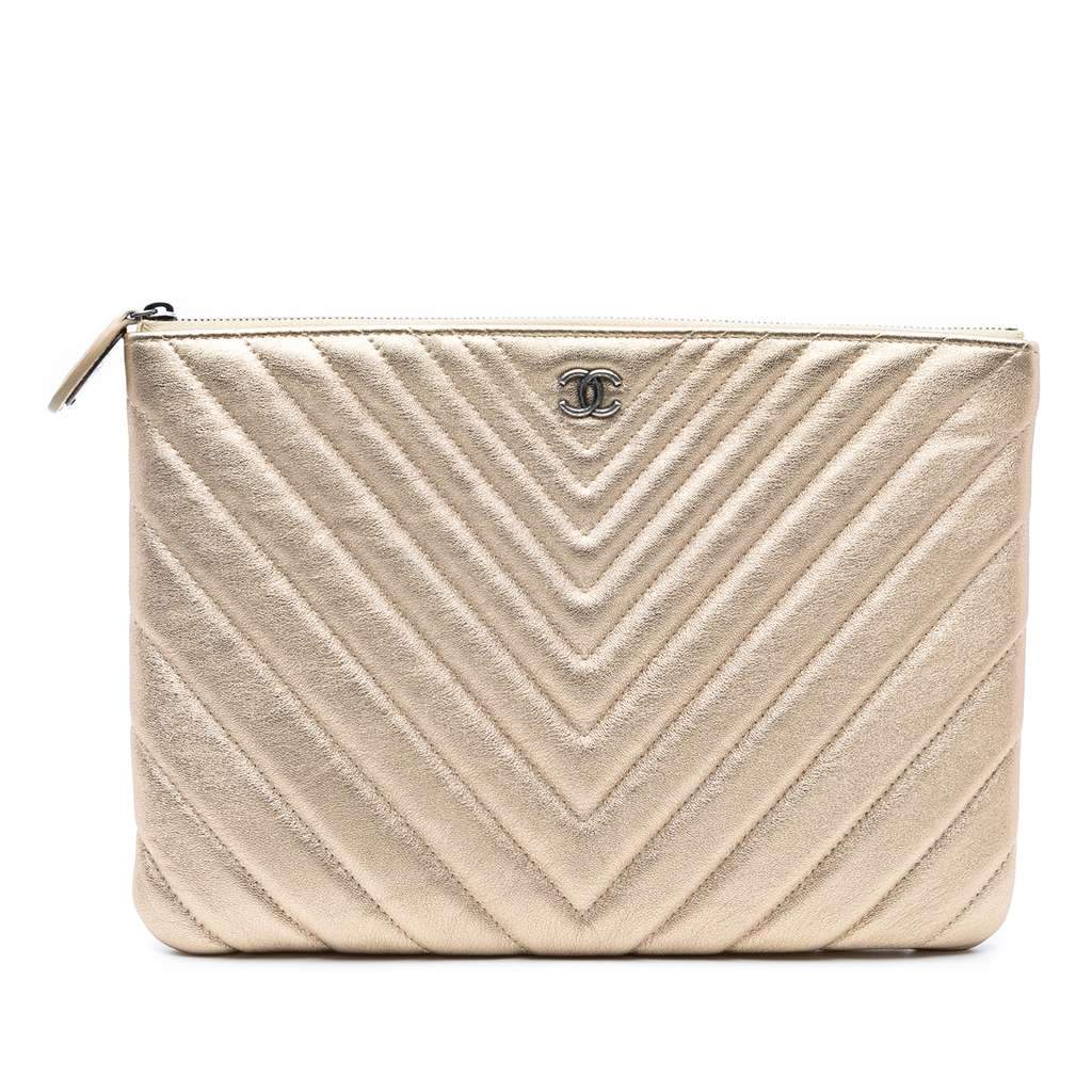 Chanel Medium Chevron Metallic Calfskin O Case Clutch Gold Leather Good - Front View