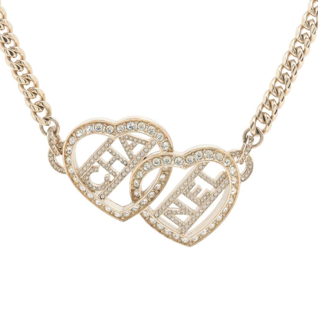 Chanel Gold Plated Heart Logo Rhinestone Necklace Gold Metal Good - Front View