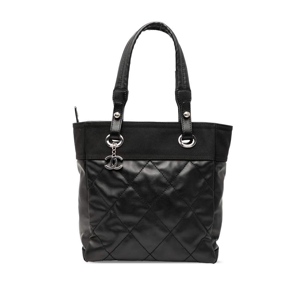 Chanel Small Quilted Coated Canvas Paris Biarritz Tote Black Canvas Good - Front View
