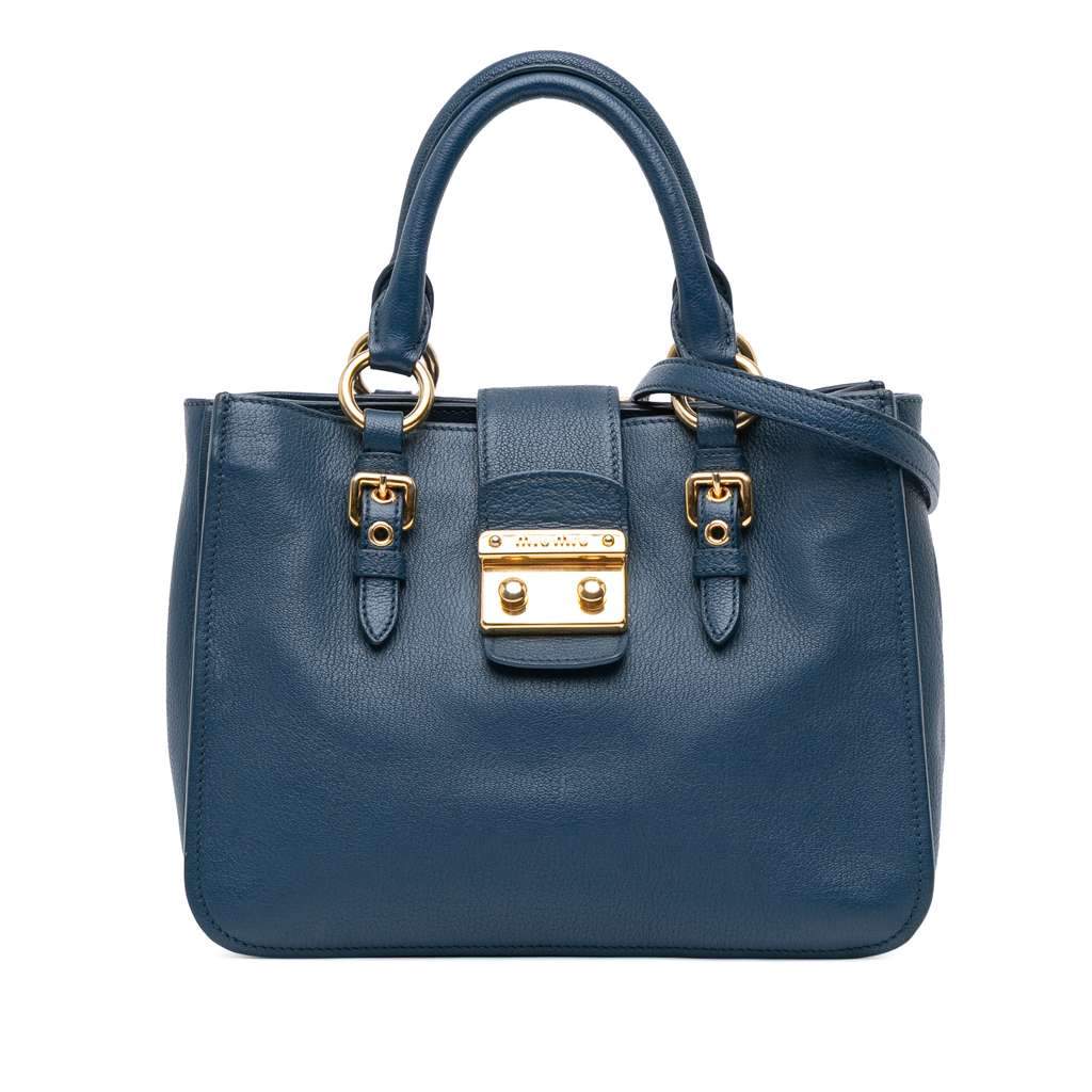 Miu Miu Goatskin Madras Satchel Blue Leather Fair - Front View