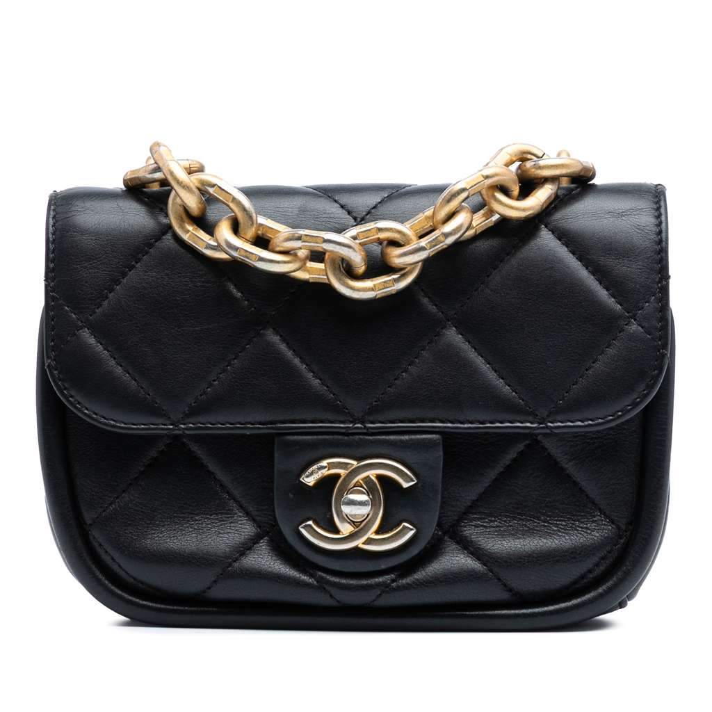 Chanel Mini Quilted Lambskin Chain Top Handle Flap Black Leather Very good - Front View