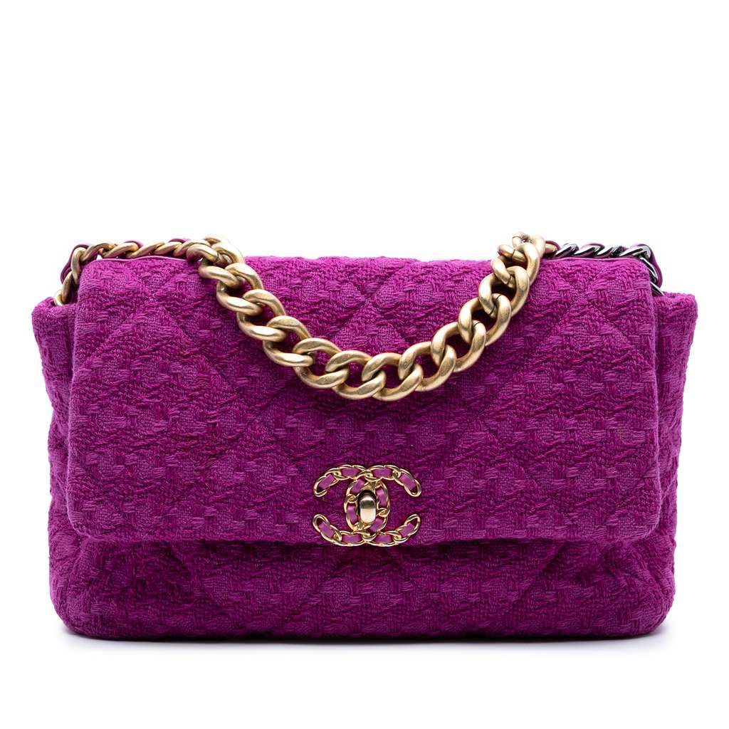 Chanel Large Tweed 19 Flap Purple Tweed Very good condition - Front View
