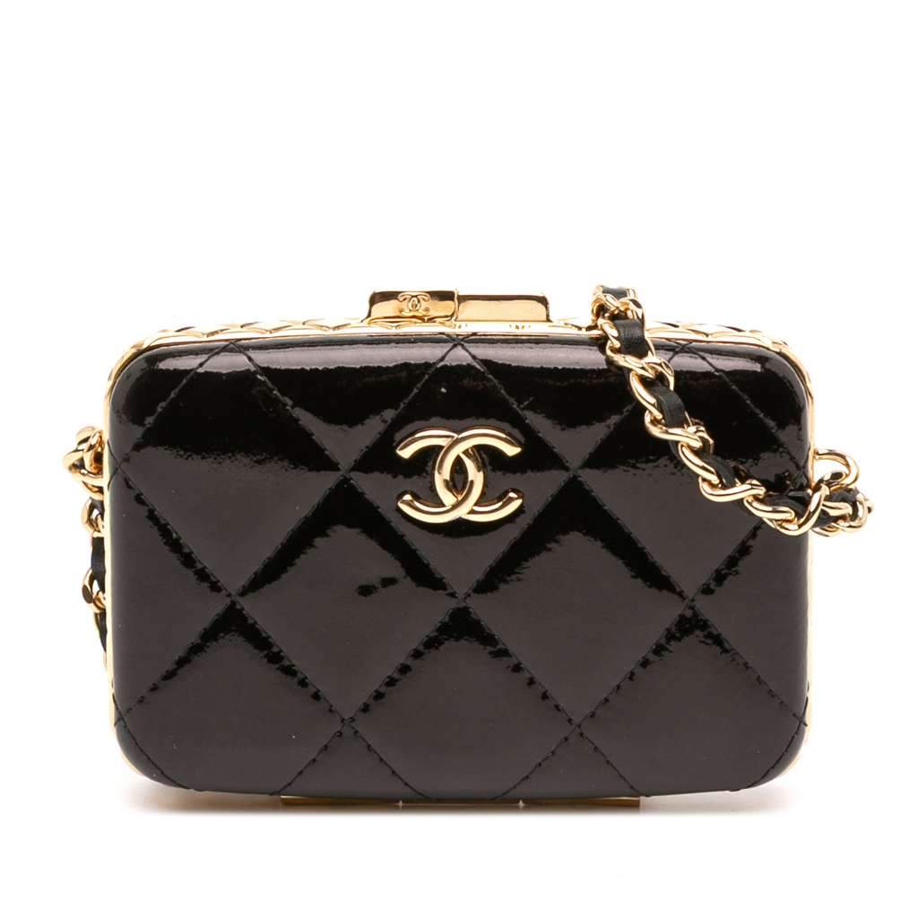 Chanel Small Glazed Goatskin Box With Chain Black Leather Good - Front View