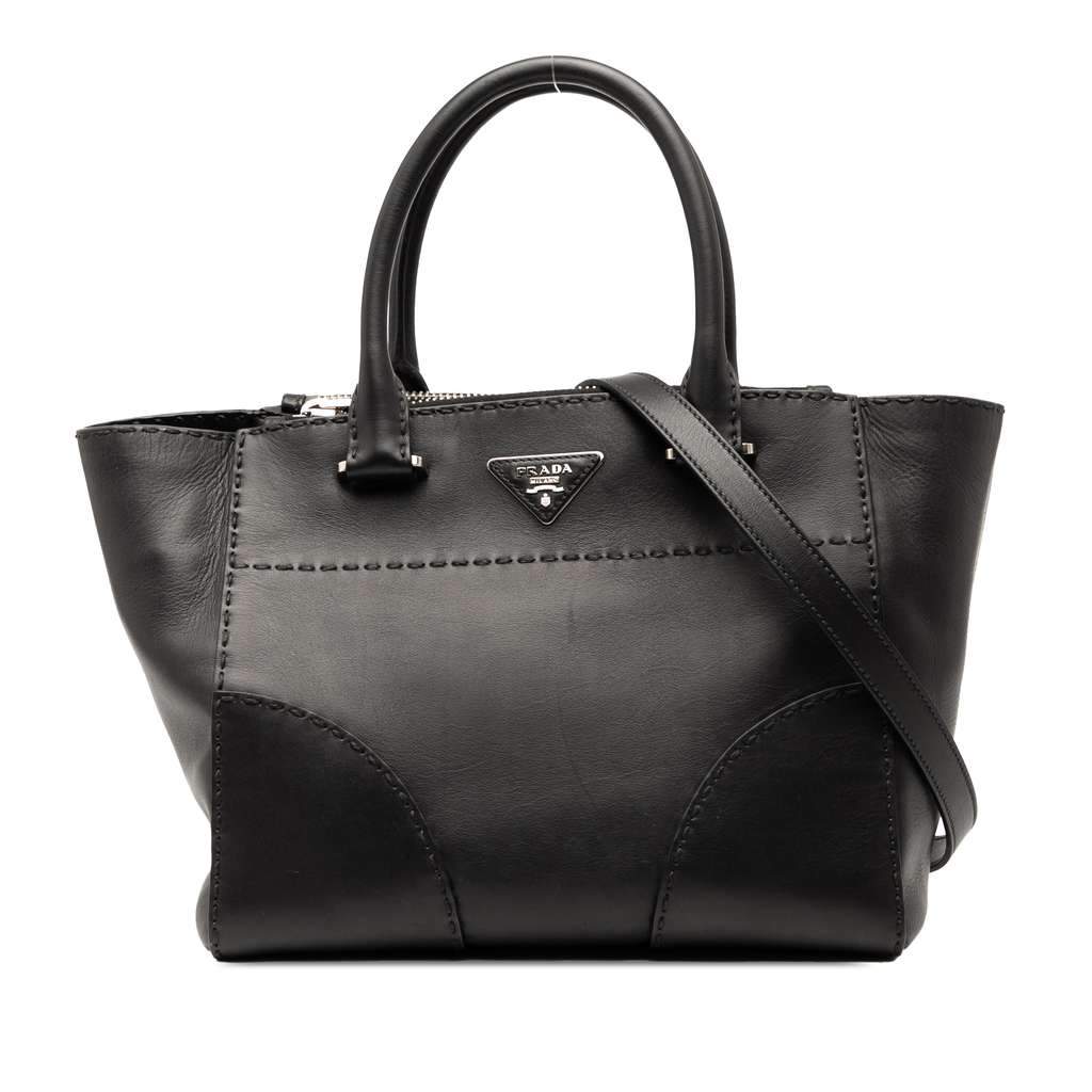 Prada Small City Calf Stitched Twin Pocket Satchel Black Leather Very good - Front View