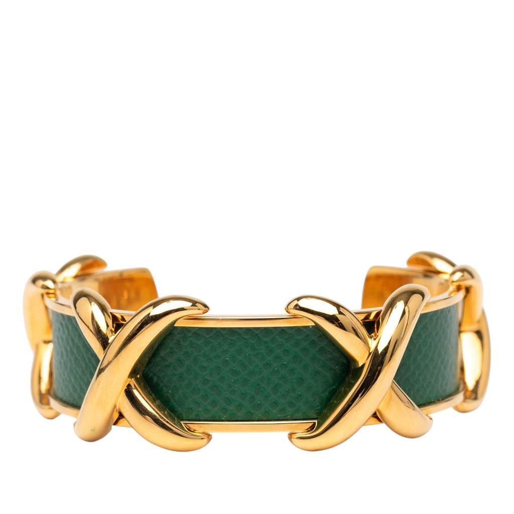 Hermès Gold Plated and Leather Criss Cross Cuff Bracelet Gold Metal Good condition - Front View