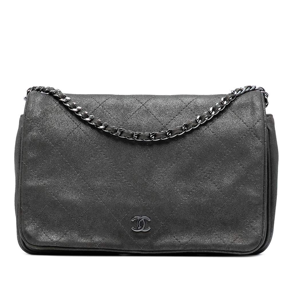 Chanel CC Quilted Iridescent Calfskin Single Flap Grey Leather Good - Front View