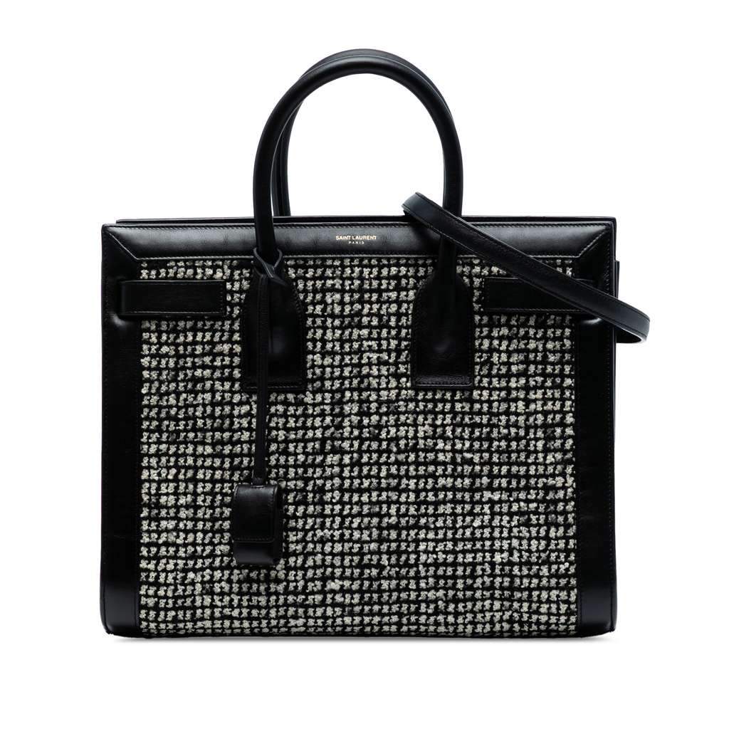 Saint Laurent Small Tweed Houndstooth Sac De Jour Satchel Black Tweed Good - Front View