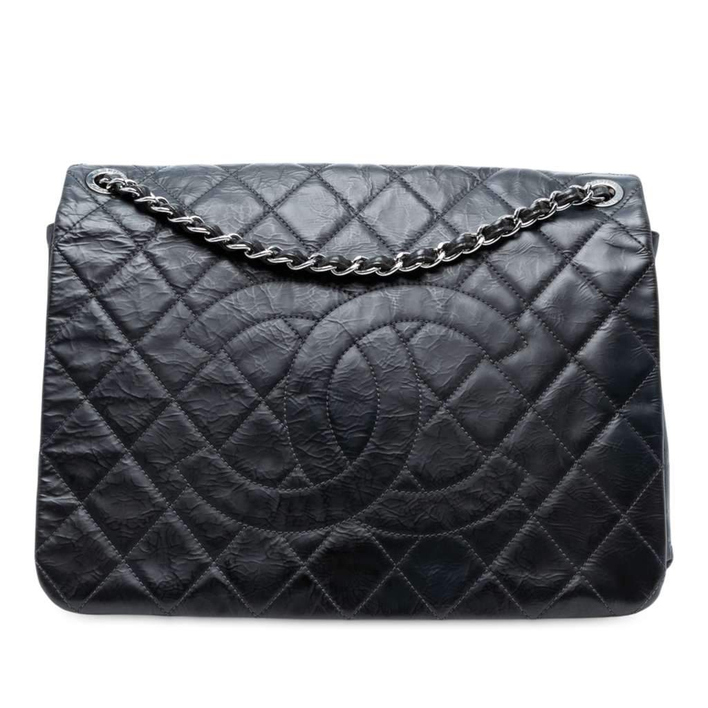 Chanel XL CC Glazed Quilted Calfskin Single Flap Black Leather Good - Front View