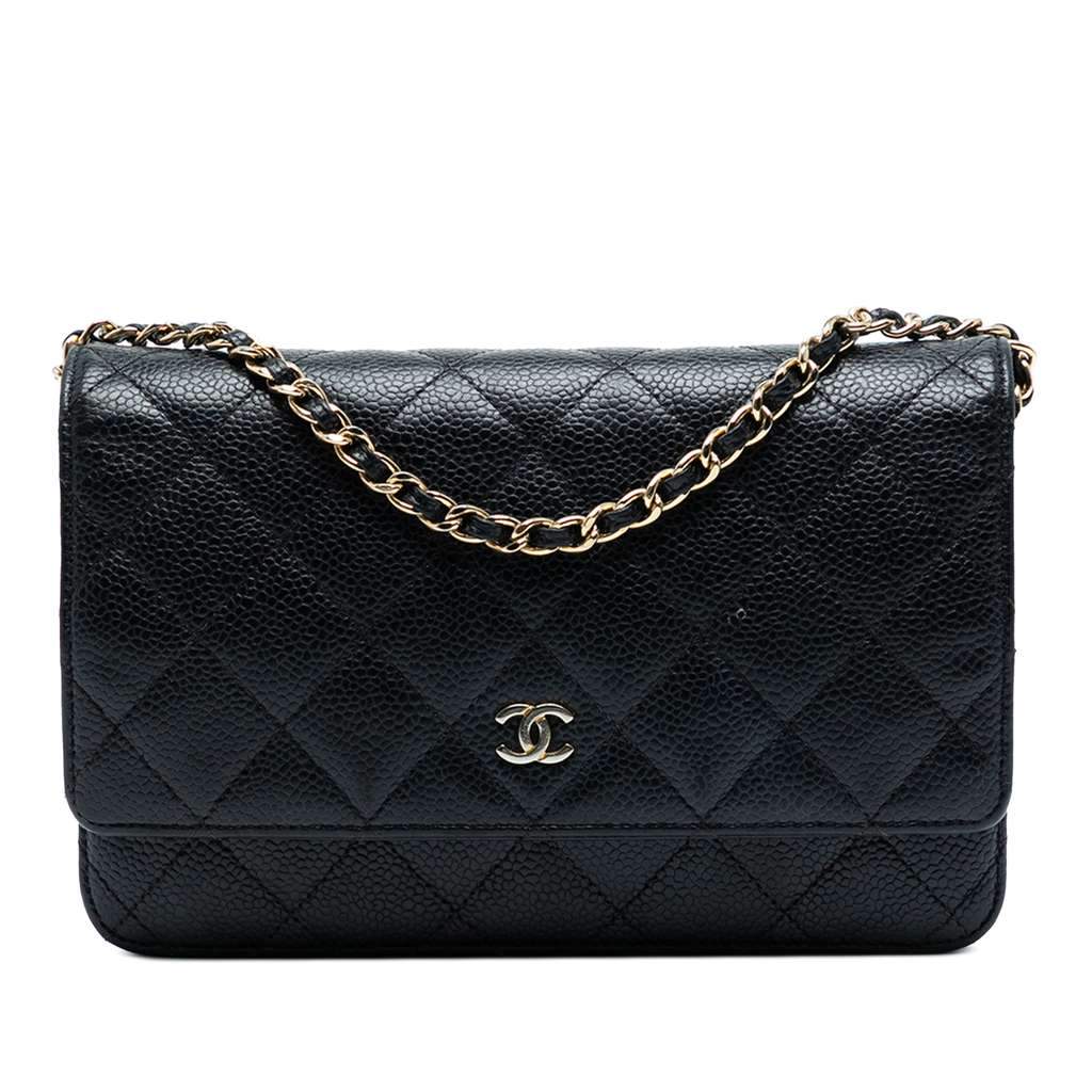 Chanel CC Quilted Caviar Wallet on Chain Black Leather Good - Front View