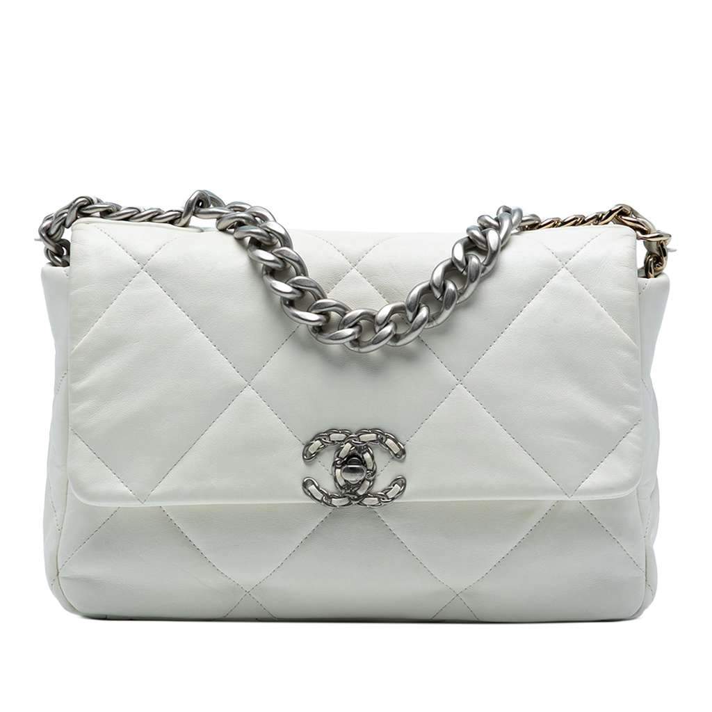 Chanel Large Lambskin 19 Flap White Leather Very good - Front View