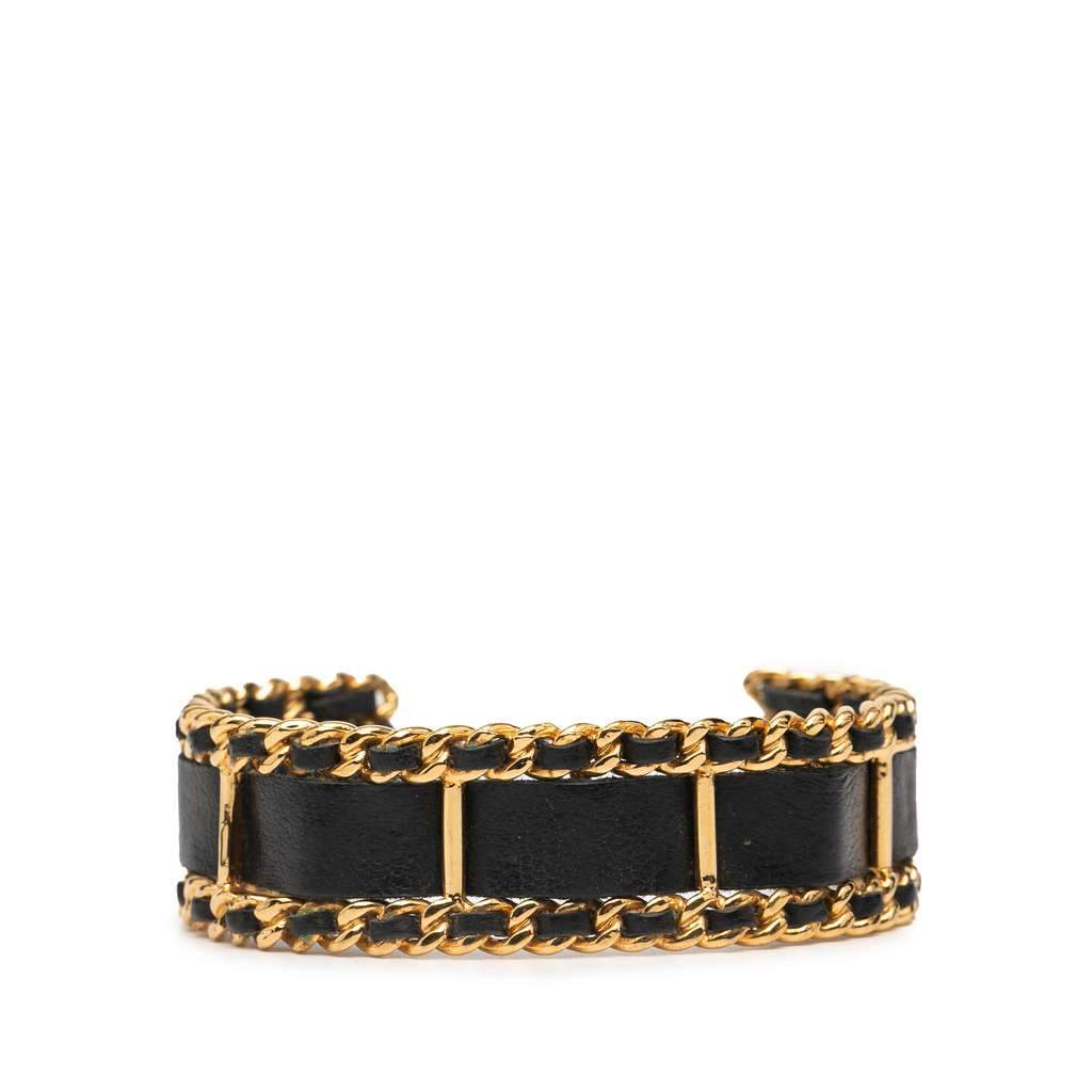 Chanel Gold Plated Leather Woven Chain Cuff Bracelet Gold Metal Good condition - Front View