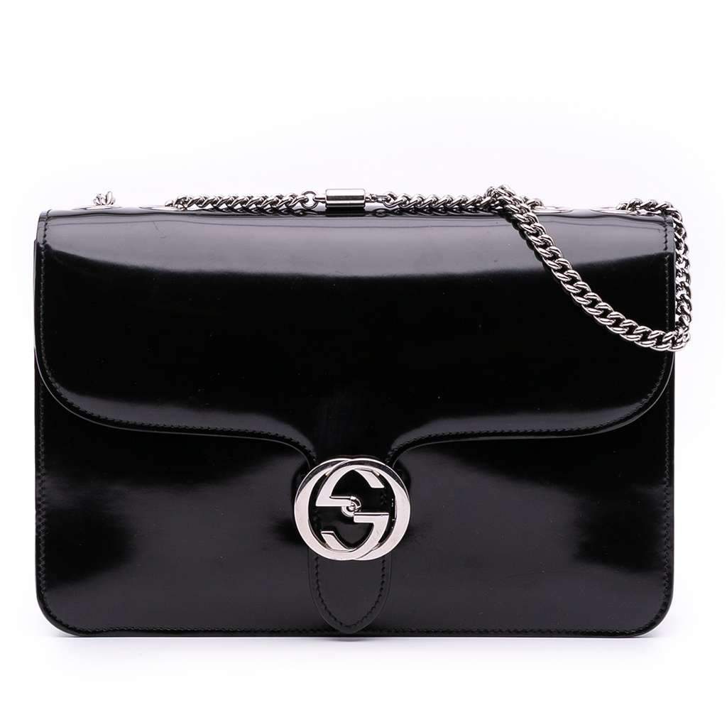Gucci Medium Patent Dollar Interlocking G Crossbody Black Leather Good - Front View