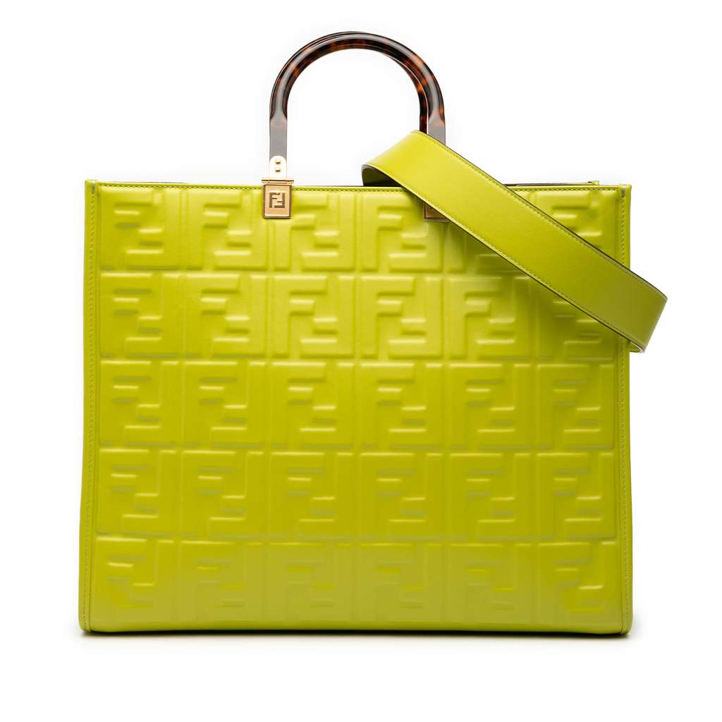 Fendi Medium Zucca Embossed Leather Sunshine Shopper Tote Green Leather Good - Front View
