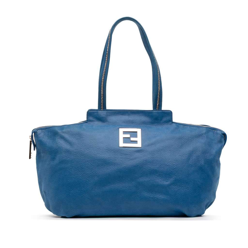 Fendi Medium FF Nubuck Chains Tote Blue Leather Good - Front View