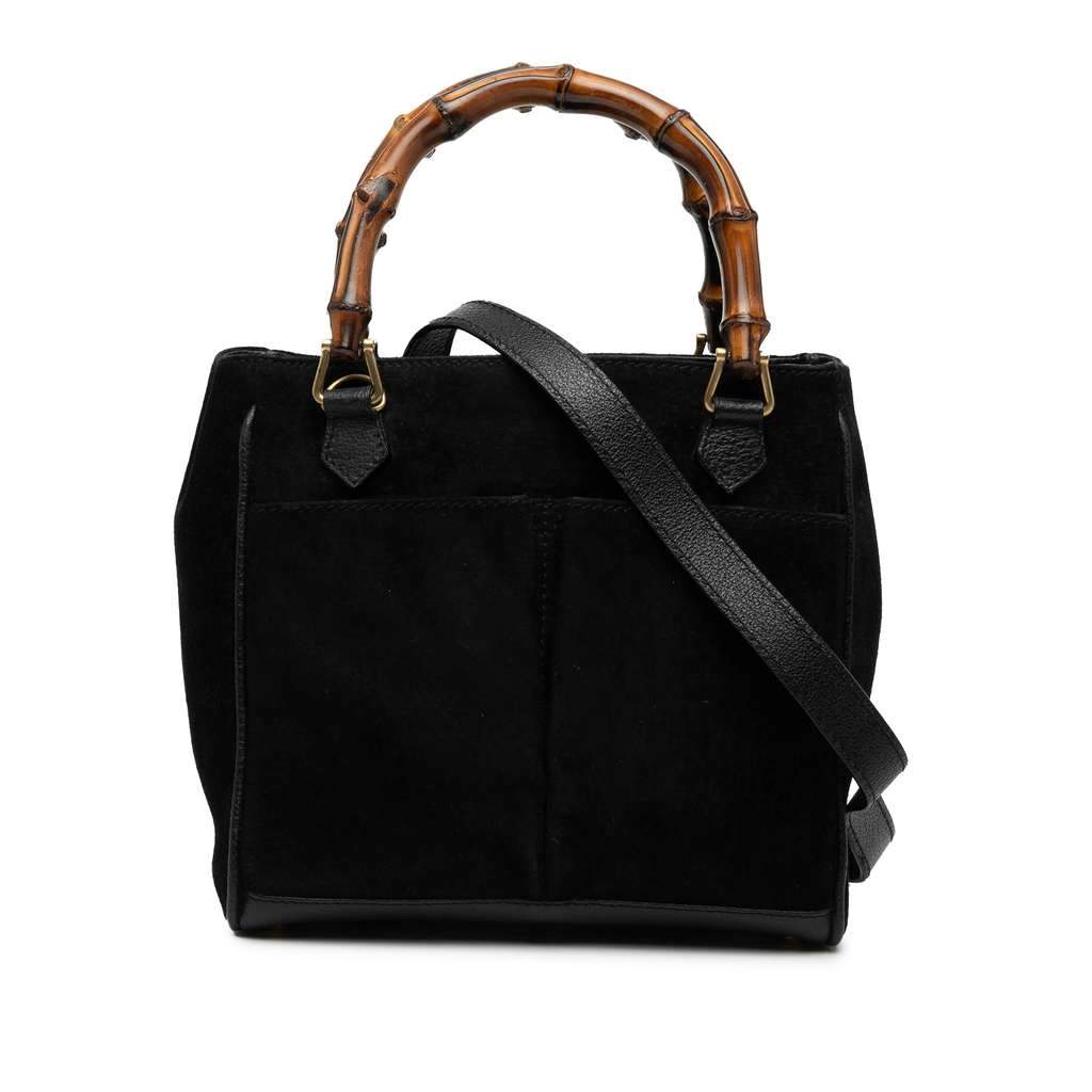 Gucci Suede Bamboo Satchel Black Leather Good - Front View