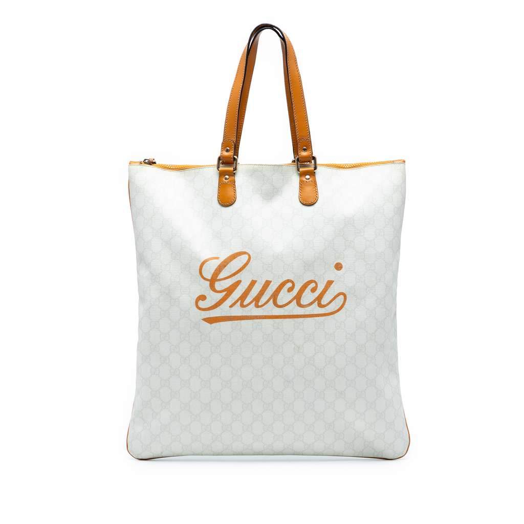 Gucci GG Supreme Heritage Logo Flat Zip Tote White Canvas Very good - Front View