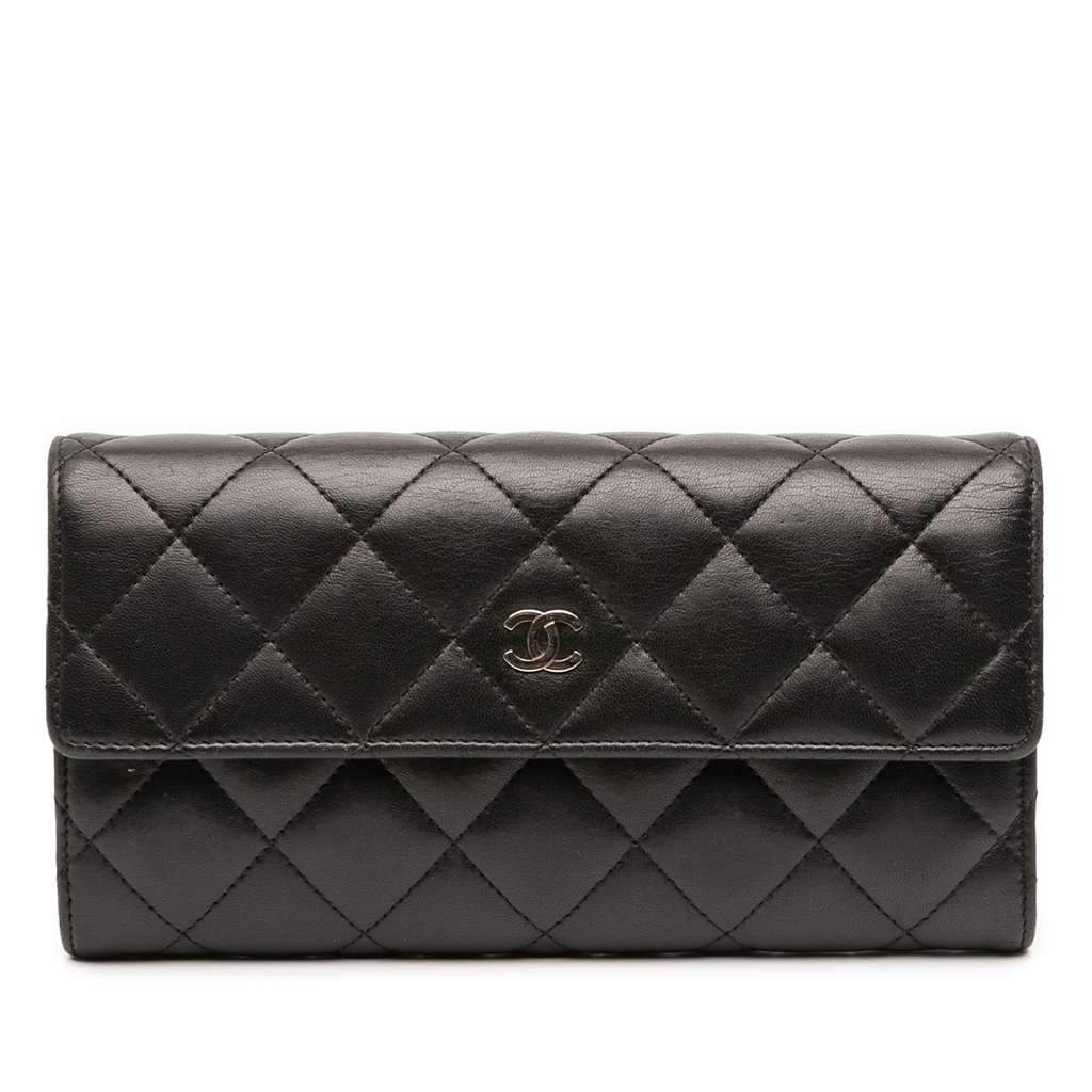Chanel CC Quilted Lambskin Long Wallet Black Leather Good condition - Front View