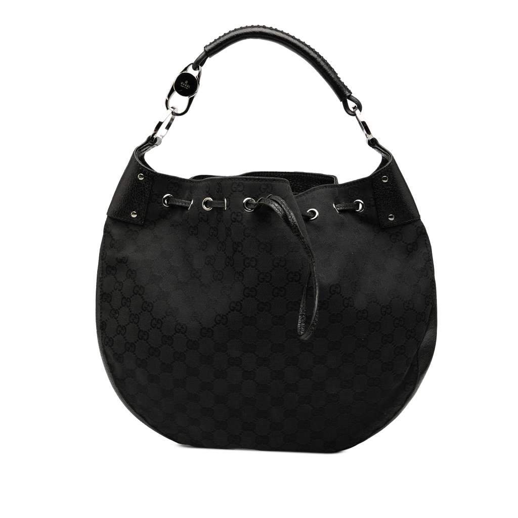 Gucci GG Canvas Drawstring Hobo Black Canvas Good - Front View