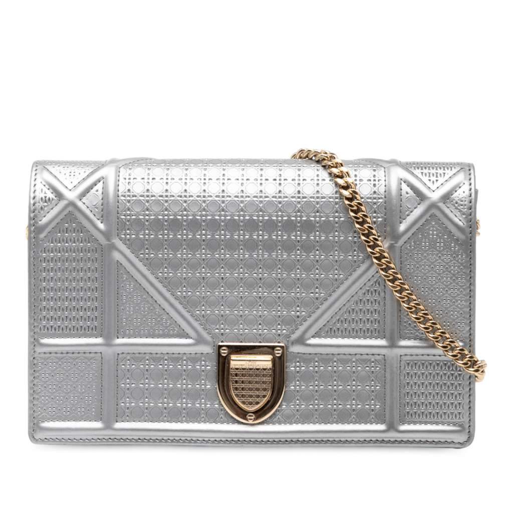 Dior Metallic Patent Microcannage Diorama Wallet on Chain Silver Leather Good - Front View