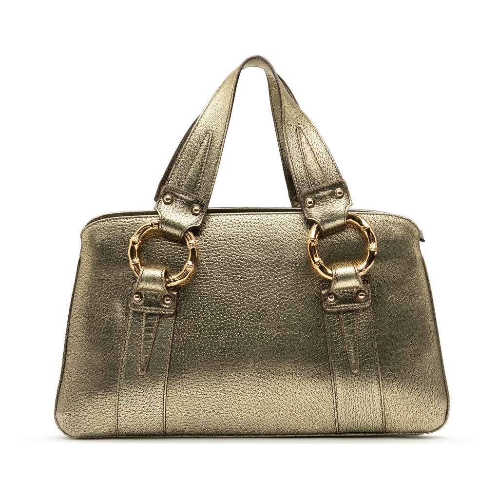 Gucci Metallic Calfskin Metal Bamboo Handbag Gold Leather Very good - Front View