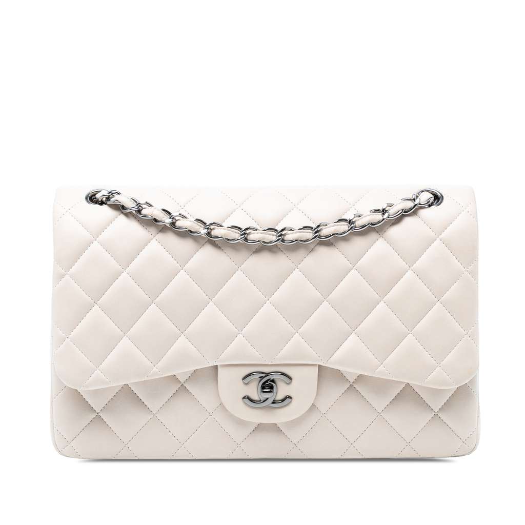 Chanel Jumbo Classic Lambskin Double Flap White Leather Very good condition - Front View